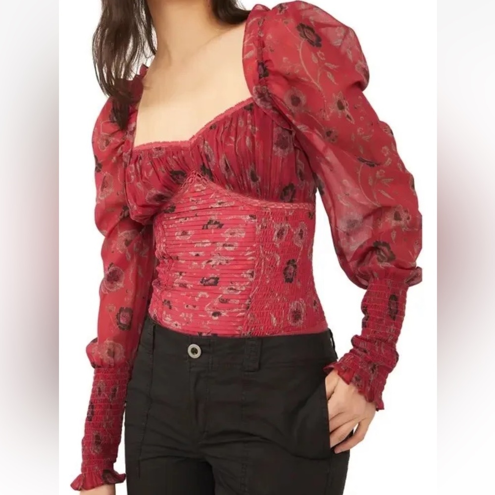 Free People Brunch Date Smocked Red Floral Bodysuit Size M